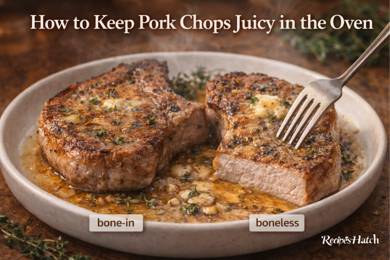 How to Bake Pork Chops in the Oven (Step-by-Step)Baking pork chops in the oven is simple and beginner-friendly. Start by preheating your oven to the correct baked pork chops temperature, usually 350°F or 400°F depending on thickness. Lightly grease a baking dish to prevent sticking.Pat the pork chops dry, then coat them lightly with oil and season evenly on both sides. Place the pork chops in the baking dish with space between them so heat circulates properly. Bake until the pork chops reach the safe internal temperature and look lightly golden.Once done, remove them from the oven and let them rest for a few minutes. This step helps keep oven baked pork chops juicy. Following these steps ensures your pork chops in the oven cook evenly and turn out tender, flavorful, and never dry.