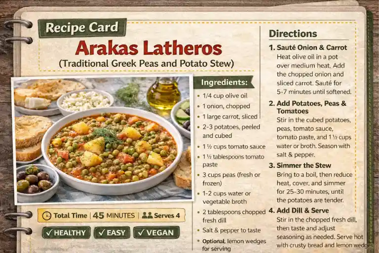 Recipe Card – Arakas Latheros (Traditional Greek Peas and Potato Stew)