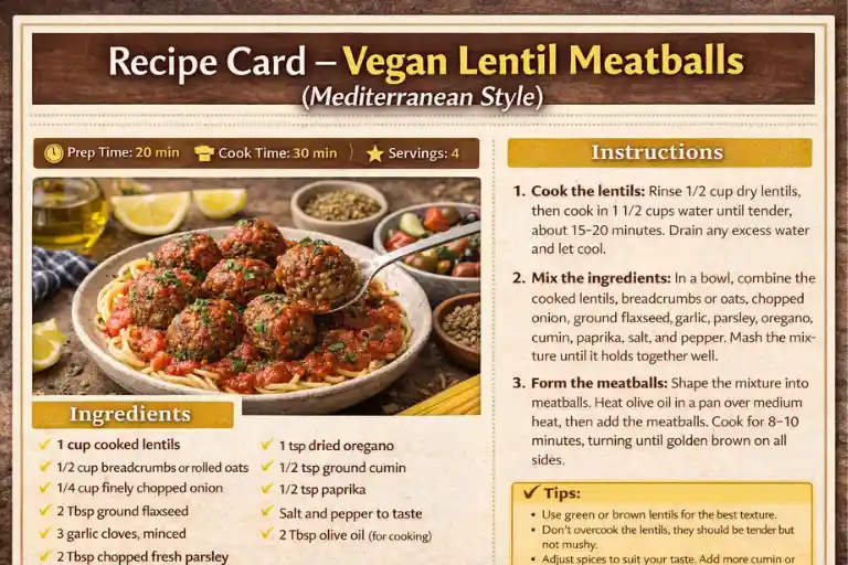 Recipe Card – Vegan Lentil Meatballs (Mediterranean Style)