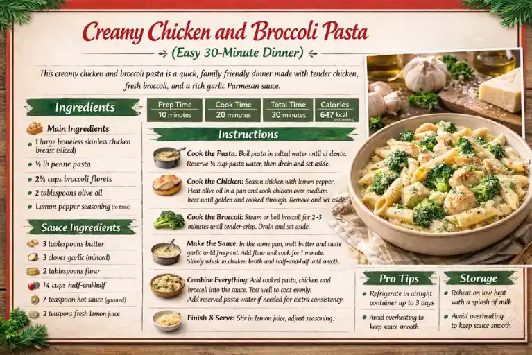 Recipe Card - Creamy Chicken and Broccoli Pasta (Easy 30-Minute Dinner)