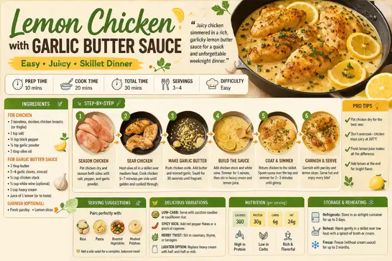 Recipe Card – Best Lemon Chicken with Garlic Butter Sauce (Easy Juicy Skillet Dinner)