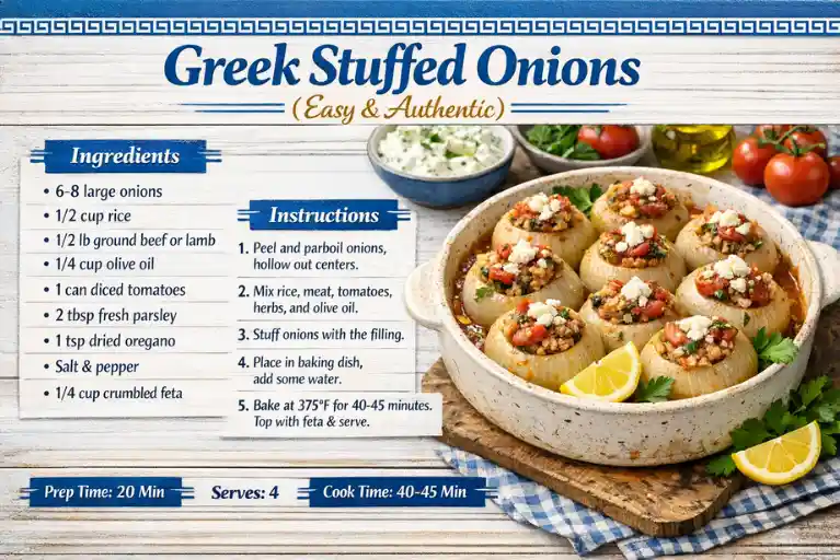 Recipe Card – Greek Stuffed Onions (Easy & Authentic)