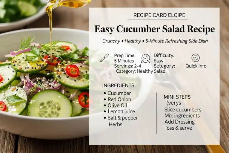 Recipe Card - Easy Cucumber Salad Recipe (Crunchy, Healthy & 5-Minute Refreshing Side Dish)