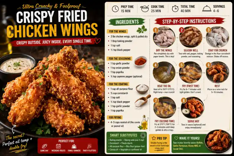 Recipe Card — Crispy Fried Chicken Wings (Ultra Crunchy & Foolproof)